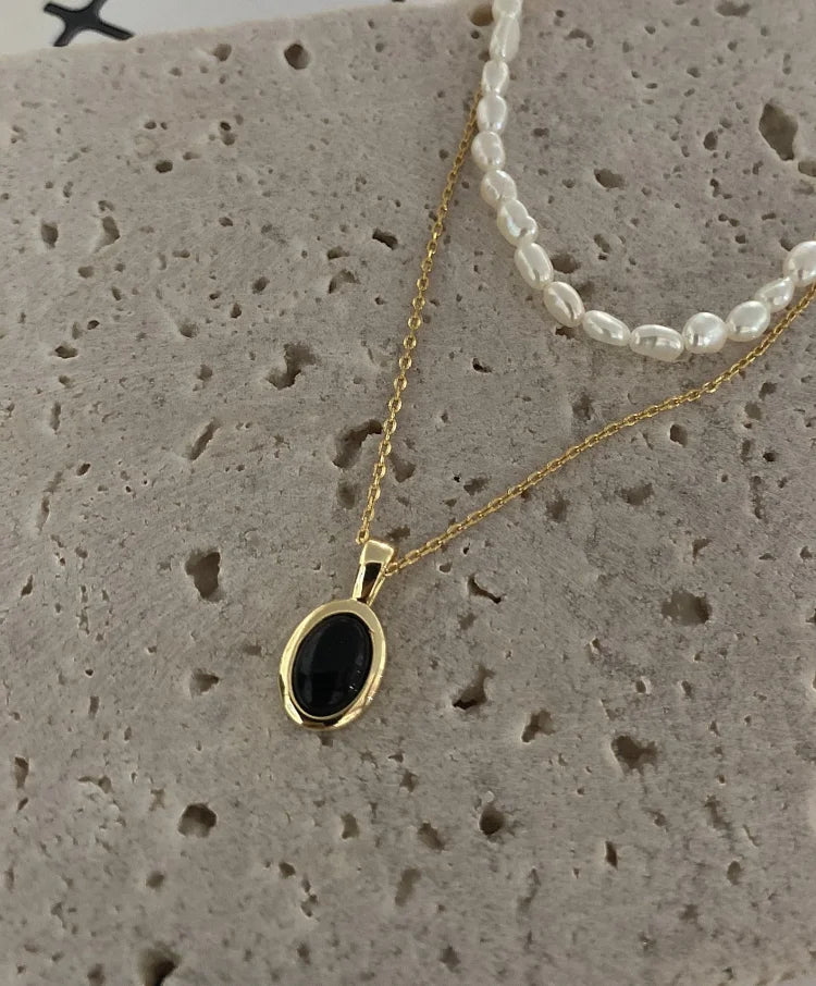 Zwarte Onyx en Parel Stapelketting - Aria