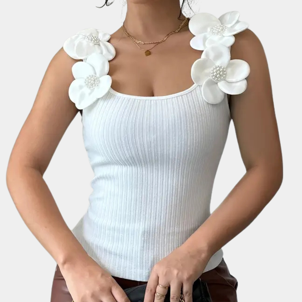 Trendy Witte Mouwloze Dames Top met Bloemdetails - Elara