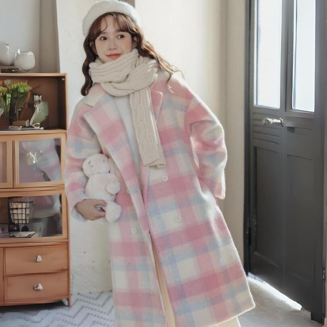 Pastelkleurige Geruite Wolmix Jas met Dubbele Knopenrij - Sofie