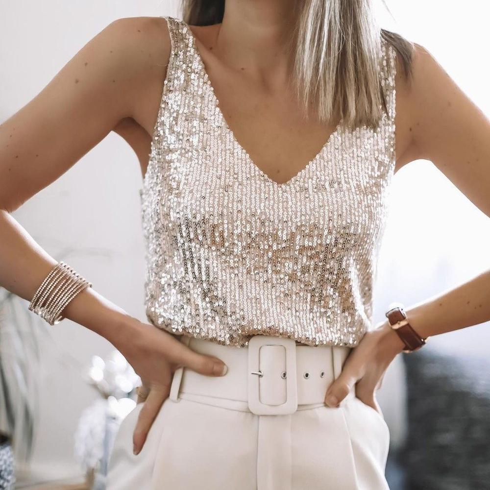 Glanzende dames pailletten top met spaghettibandjes – Liora