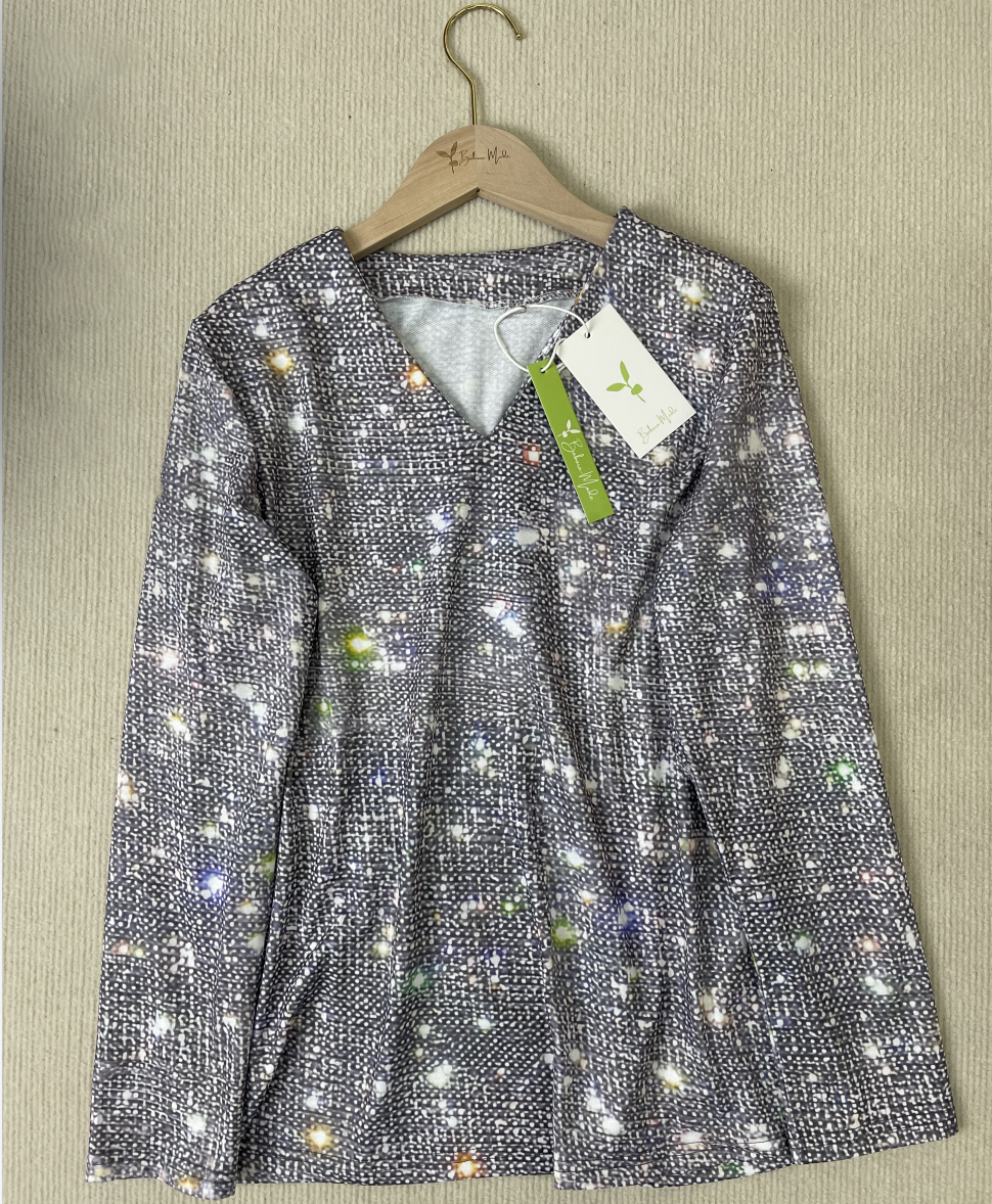 Glimmende Zilveren Disco-Glitter V-Hals Longsleeve - GlamFrost