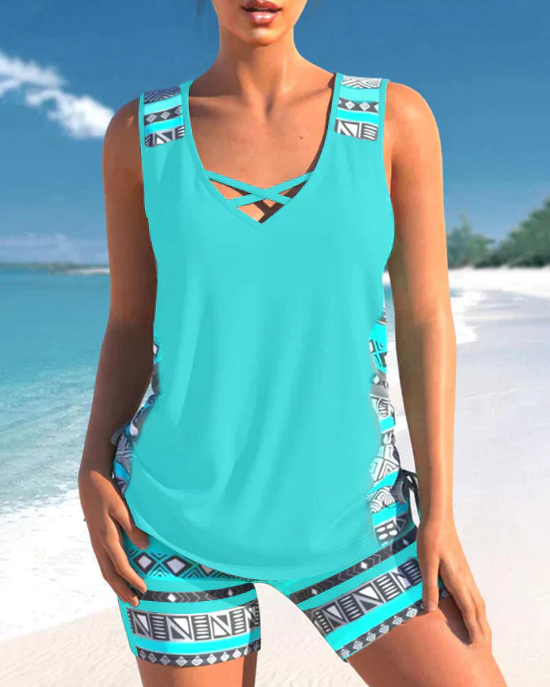Trendy badmode met V-hals en geometrisch patroon – Tankini-set Madonna