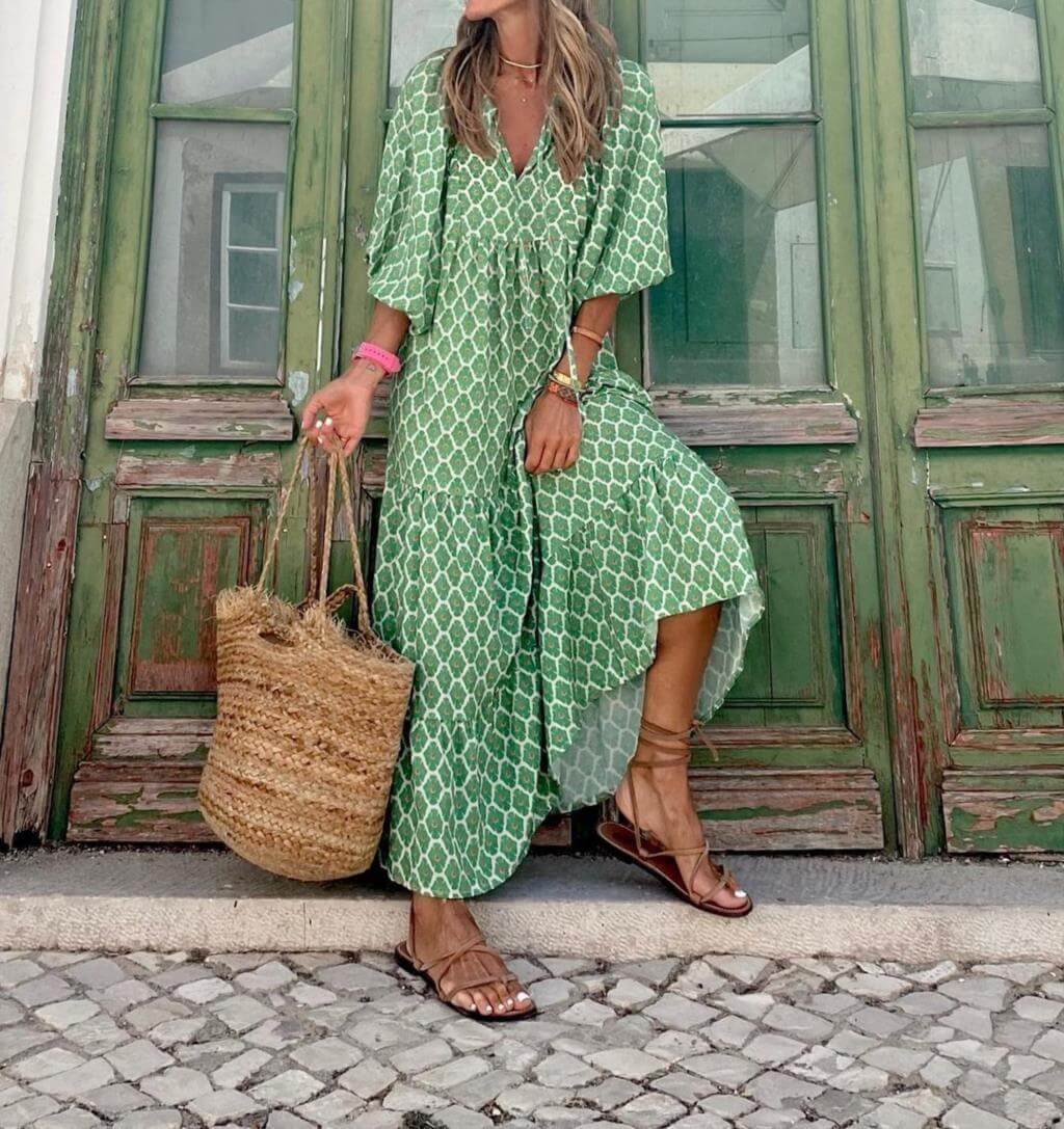 Bedrukte Maxi Jurk met Tailleband – Aurelia