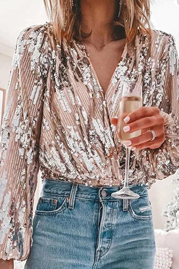 Fonkelend & Stijlvol Dames Glitter V-hals Lange Mouwen Top – Naya