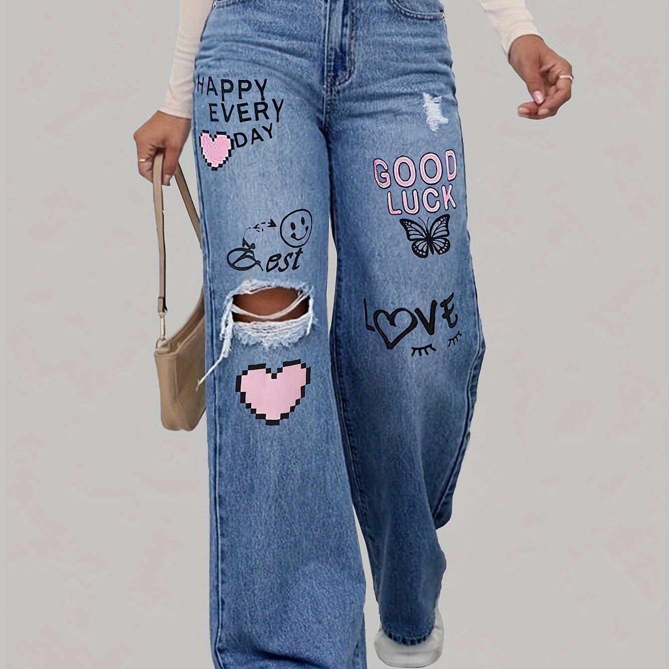 Dames Jeans met Hartjes- en Graffitiprint - Lotte