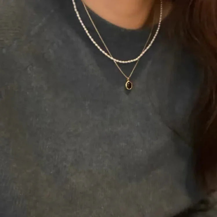 Zwarte Onyx en Parel Stapelketting - Aria