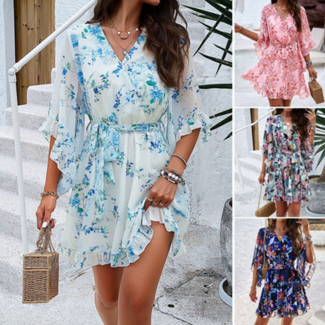 Speelse mini jurk met bloemenpatroon en klokmouwen - Liora