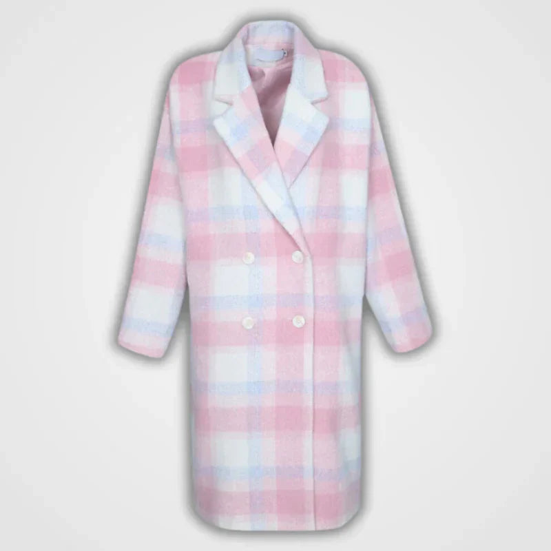 Pastelkleurige Geruite Wolmix Jas met Dubbele Knopenrij - Sofie