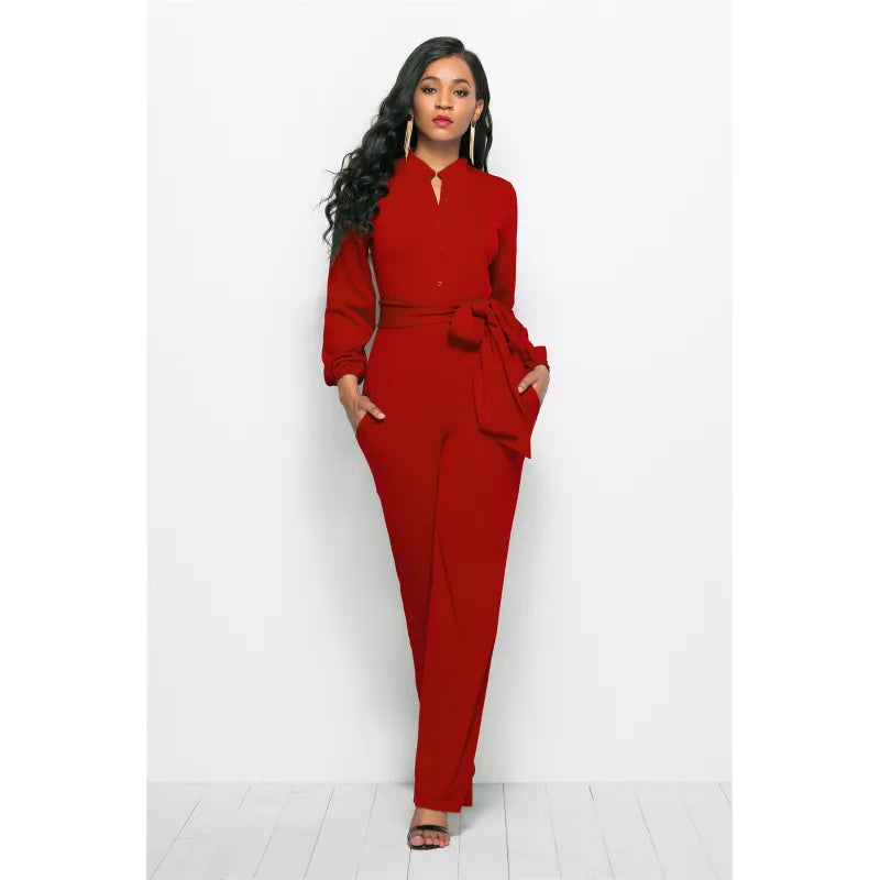 Wijd uitlopende jumpsuit met ceintuur en V-hals - Elise