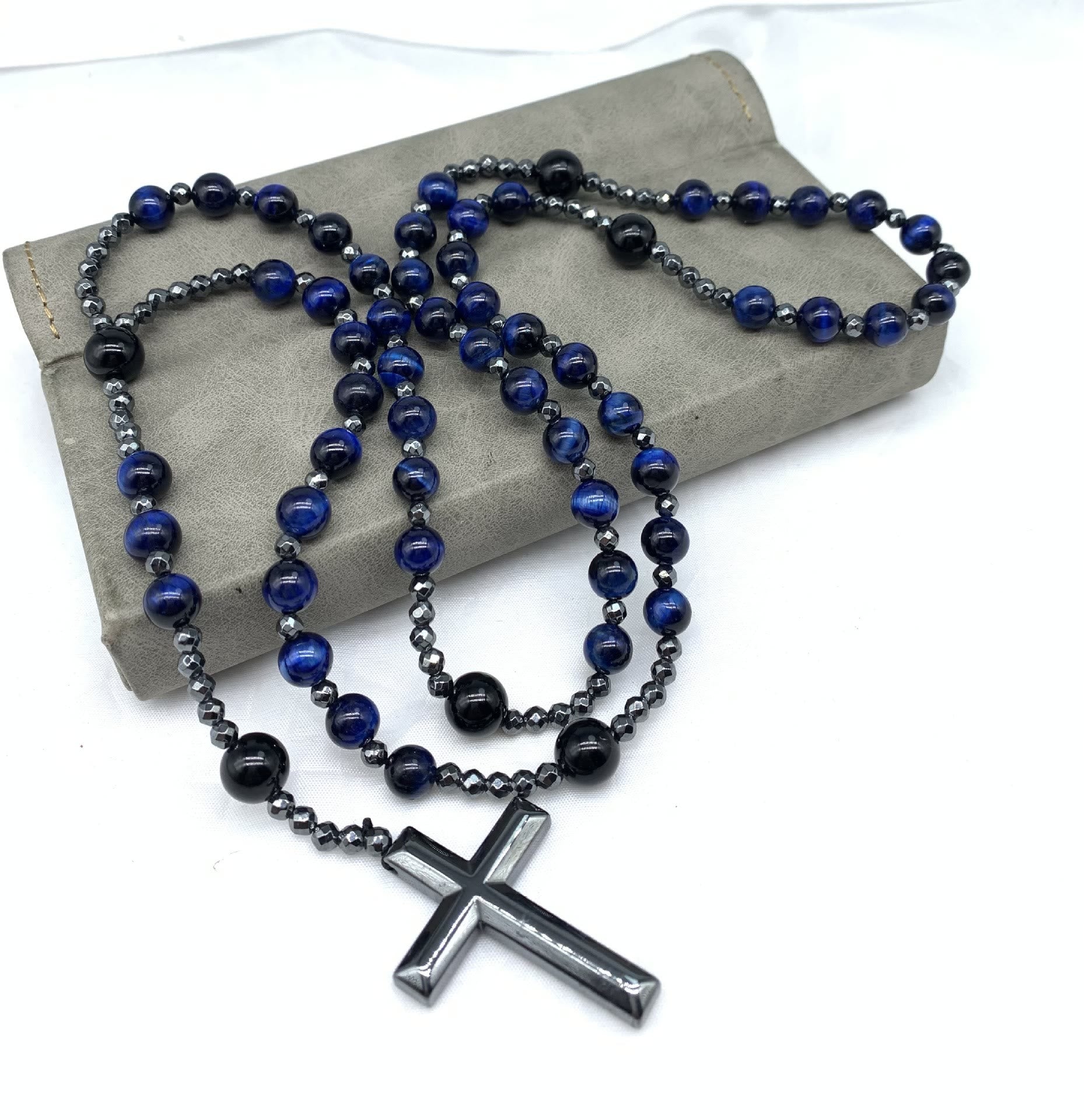 Tijgeroog en Lapis Lazuli Kruis Rozenkrans Halsketting voor Mannen - Orion