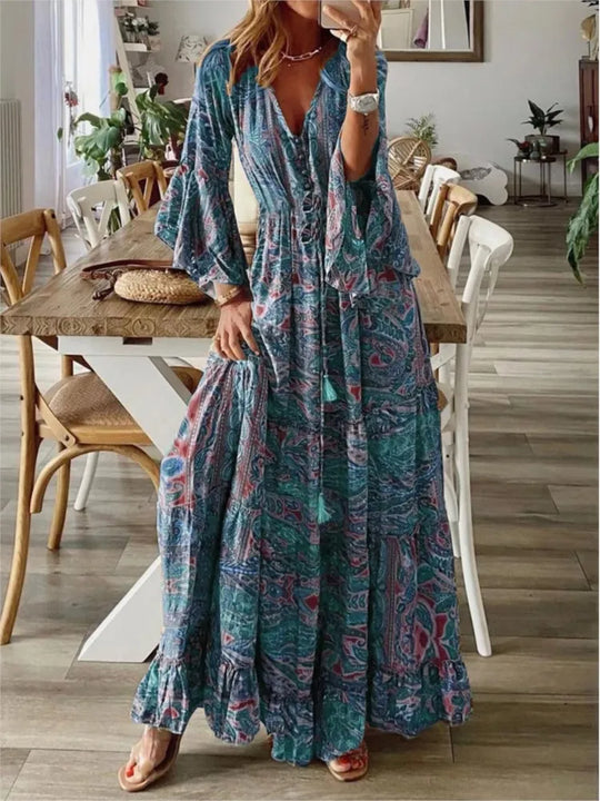 Boho Maxikleed met vloeiende pasvorm & details – Amira