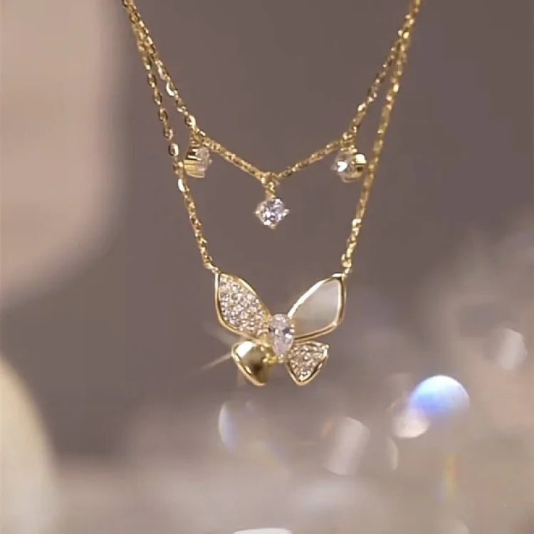 Dubbelgelaagde Zirkonia en Parelmoer Vlinderketting - Elayna