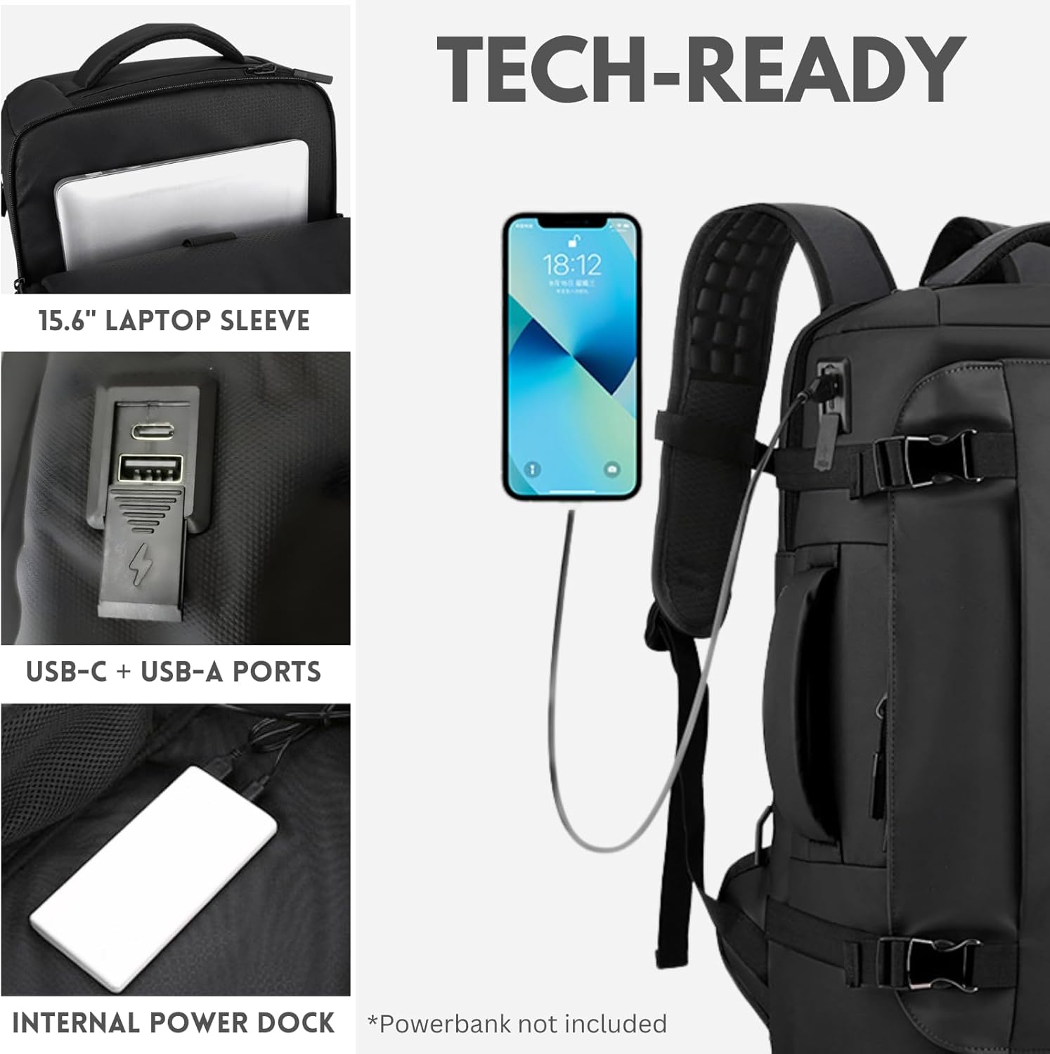 15” Waterdichte Laptop Rugzak met Zij-open Ontwerp & USB-C Poort – TrekPro Serie