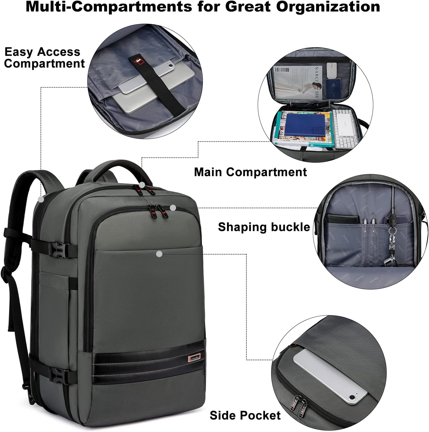 Uitbreidbare 45L–55L waterbestendige reiserugzak met 18" laptopvak