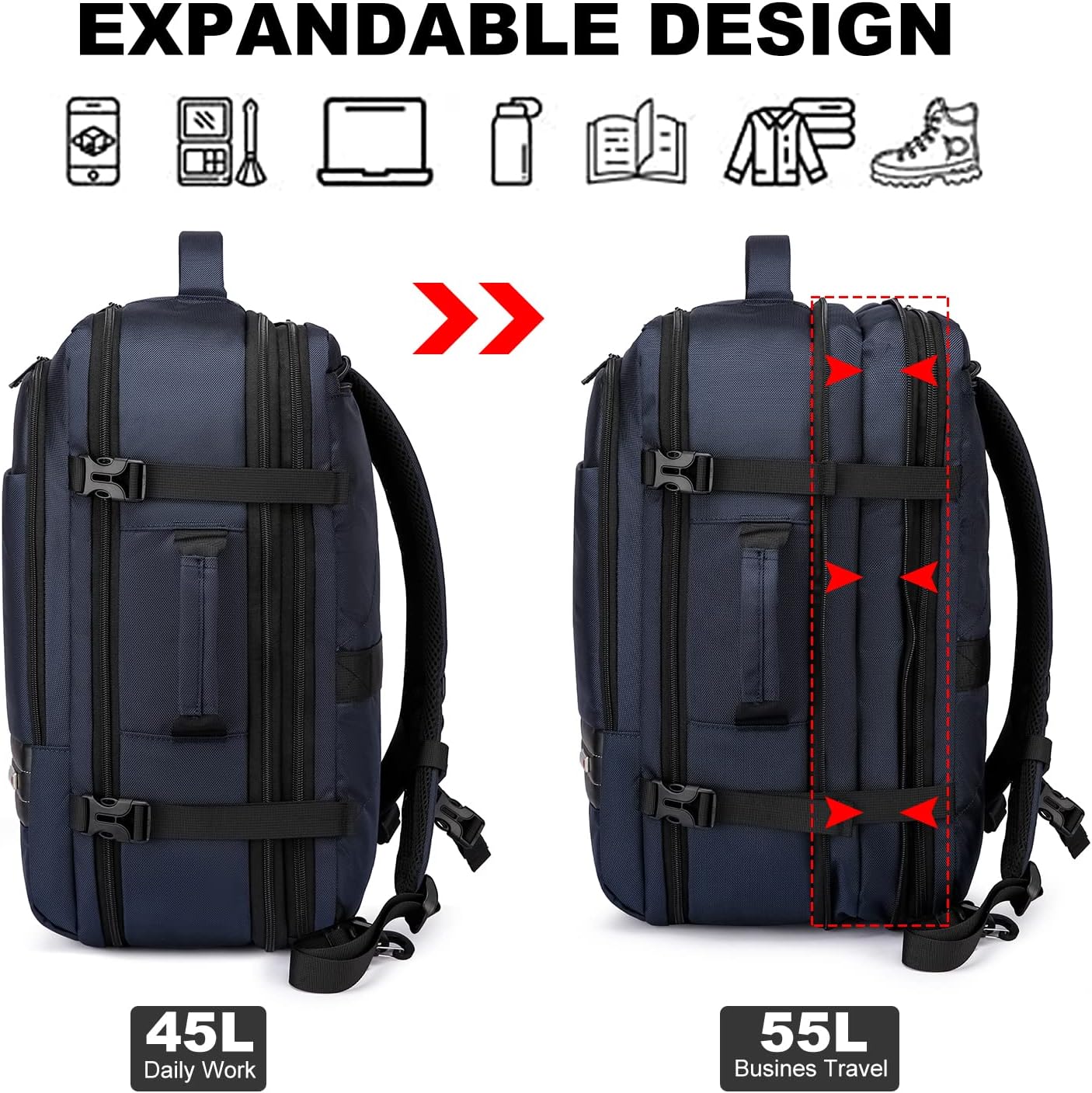 Uitbreidbare 45L–55L waterbestendige reiserugzak met 18" laptopvak
