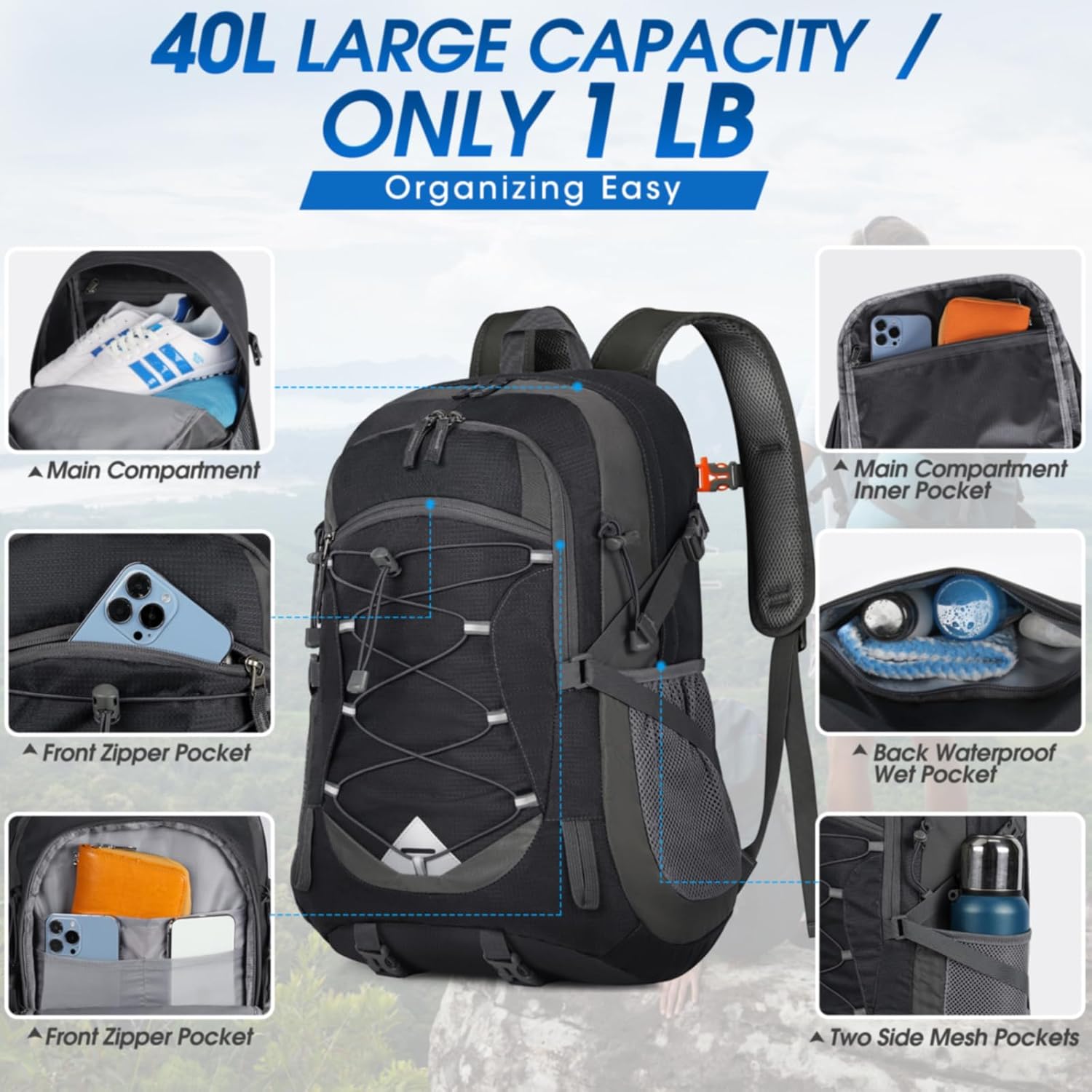 40L Waterdichte Wandel- & Kampeerrugzak – Lichtgewicht & Opvouwbaar – 1+1 GRATIS