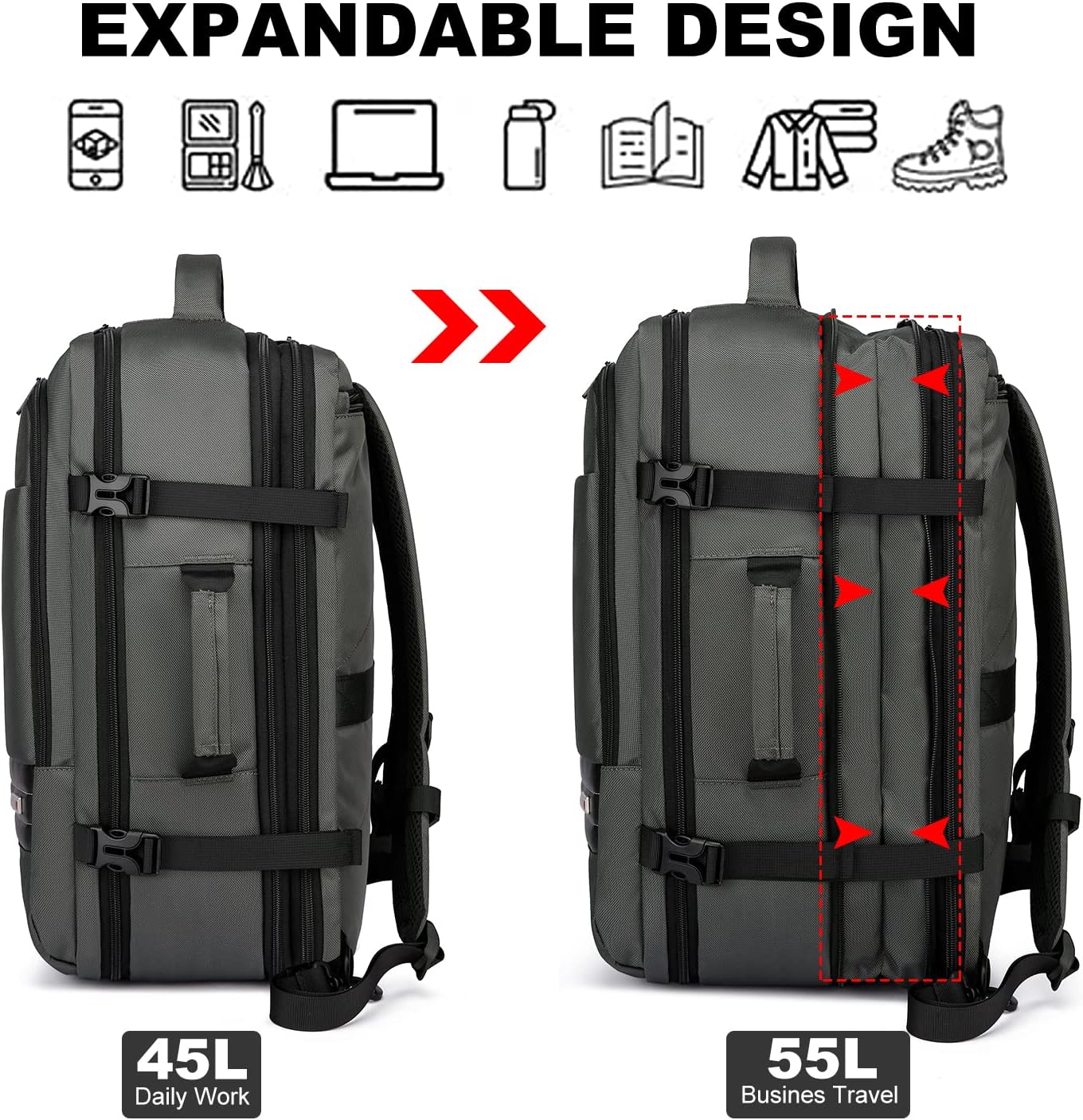 Uitbreidbare 45L–55L waterbestendige reiserugzak met 18" laptopvak