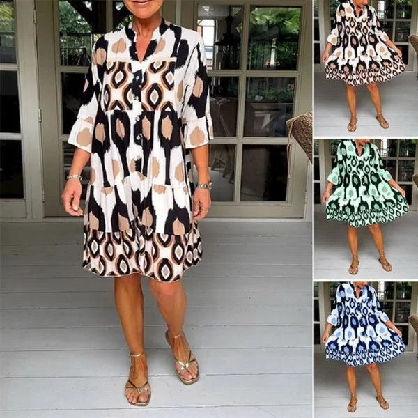 Trendy jurk met korte mouwen en abstracte print & losse snit – Liora