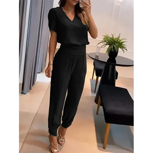 Trendy dames jumpsuit met korte mouwen en wijde pijpen - Alina