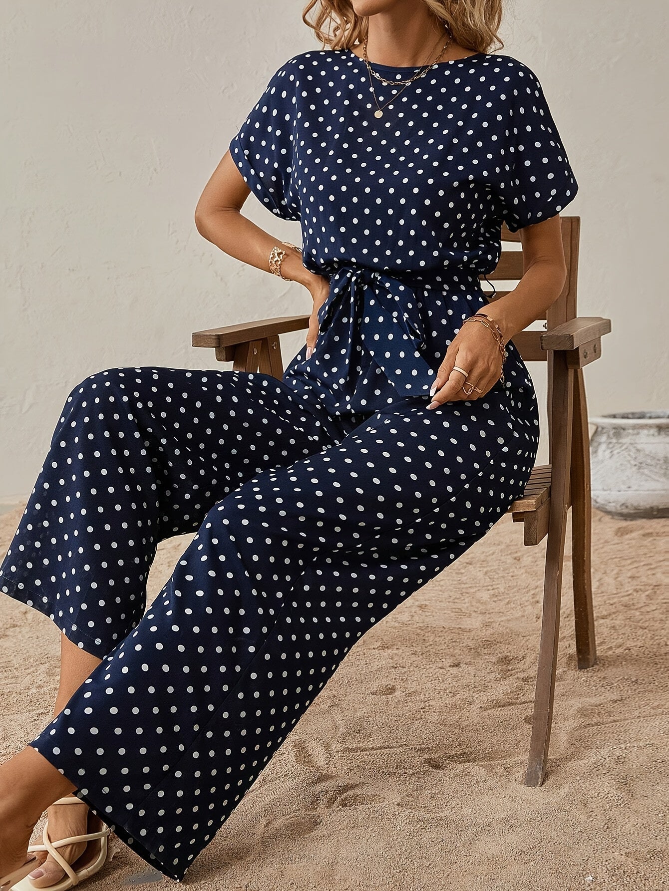 Trendy dames jumpsuit met tailleband en stippenpatroon - PunktLaune
