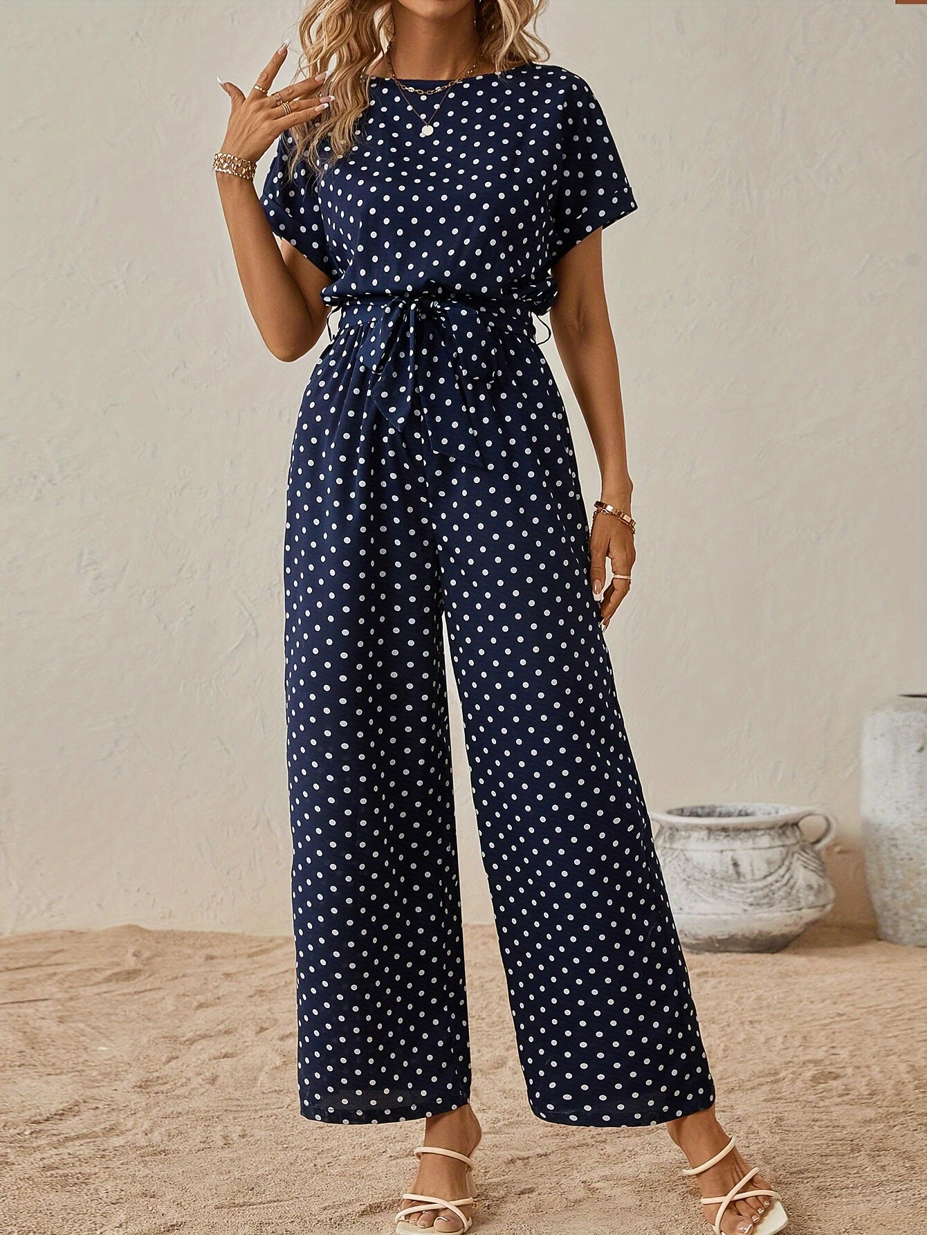 Trendy dames jumpsuit met tailleband en stippenpatroon - PunktLaune