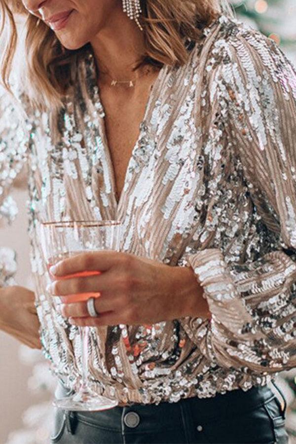 Fonkelend & Stijlvol Dames Glitter V-hals Lange Mouwen Top – Naya