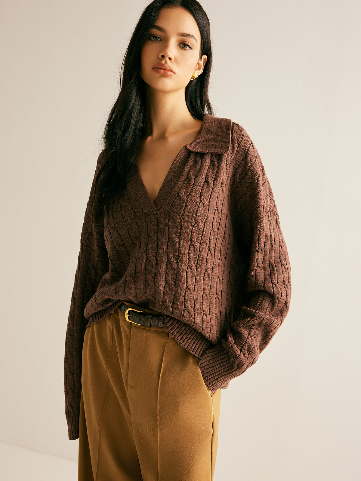 Bruine Trui met V-Hals voor Dames - Sienna