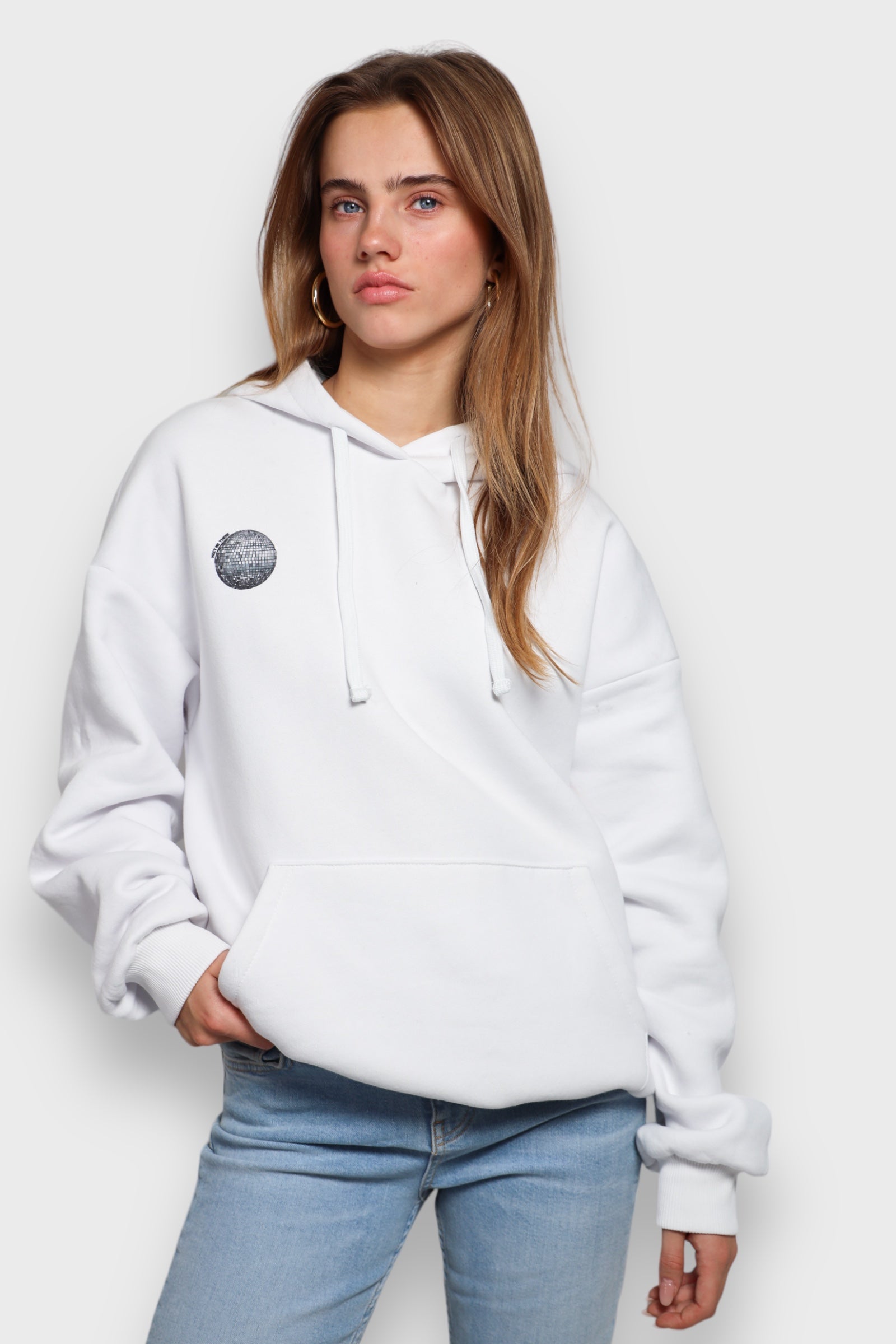 Witte Dames Hoodie met Discobalprint - BellaShine