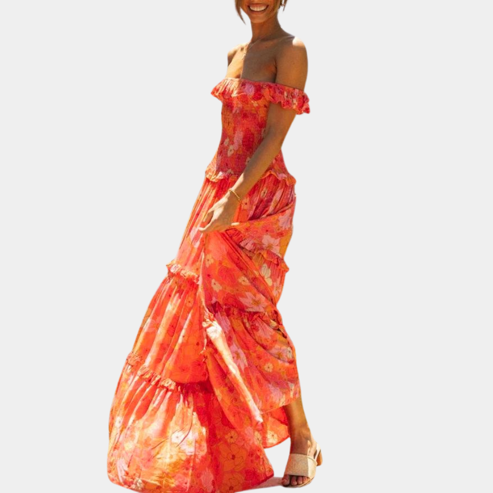 Trendy Oranje Bloemenprint Jurk - Elara