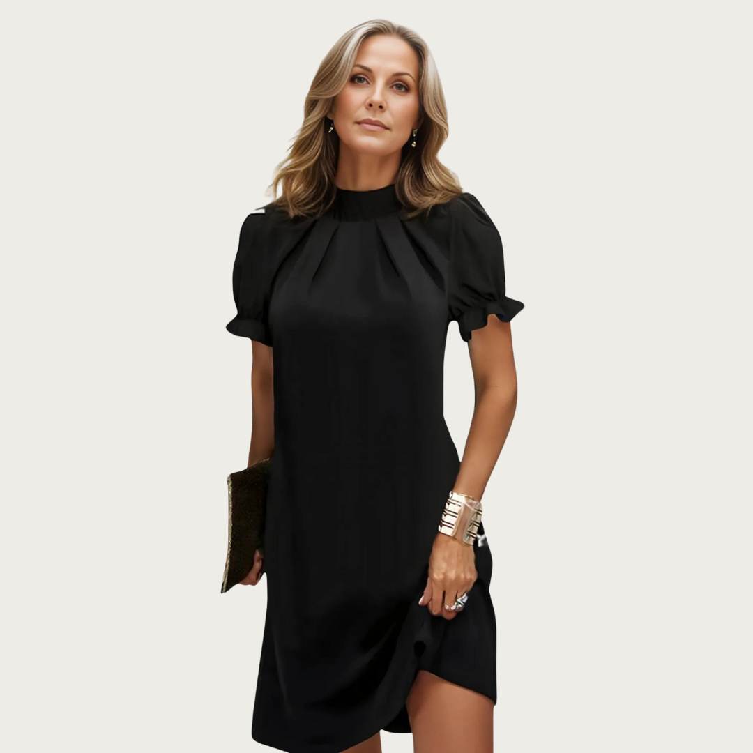 Zwarte Midi Avondjurk met Plofmouwen - Amber