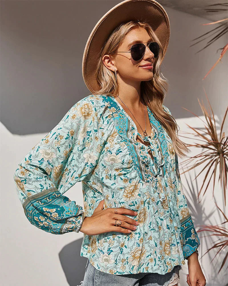 Vintage Boho zomerblouse met bloemenprint en lange mouwen – Sana