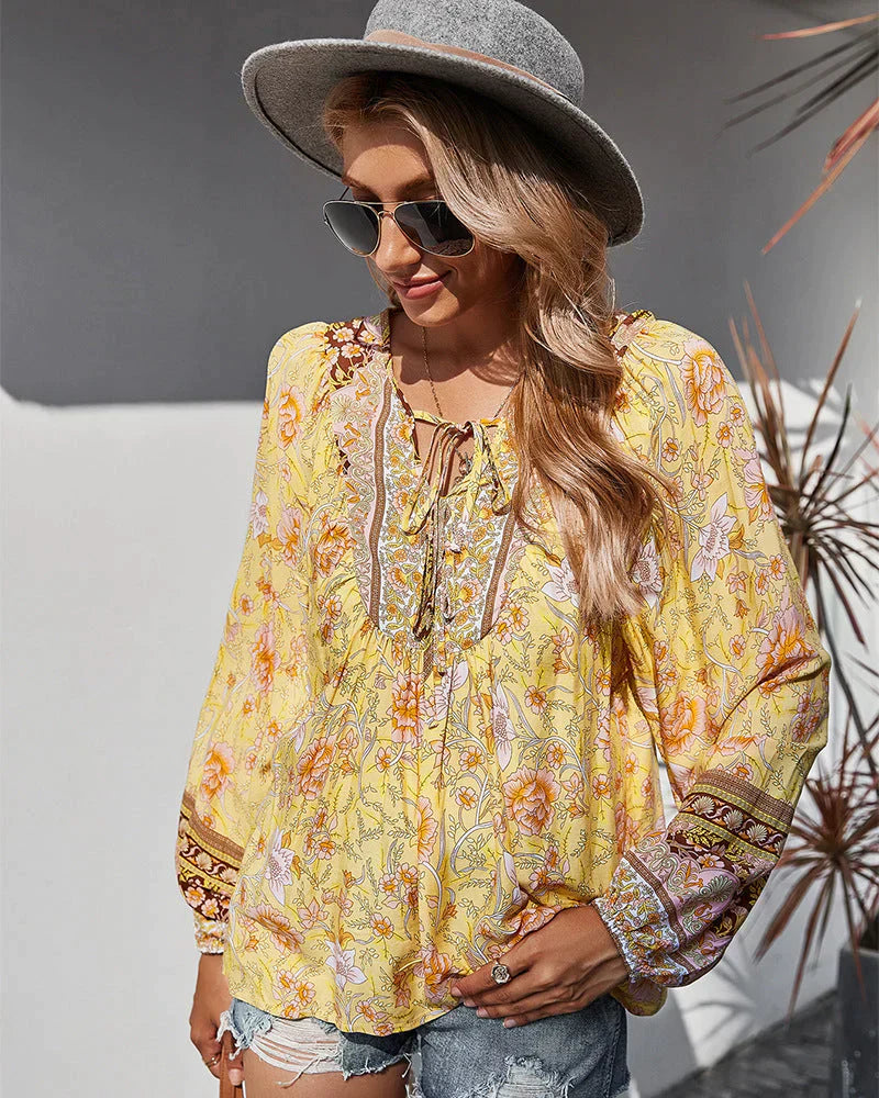 Vintage Boho zomerblouse met bloemenprint en lange mouwen – Sana