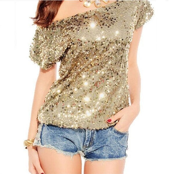 Trendy One Shoulder T-shirt met pailletten voor zomernachten -  GlamGlanz