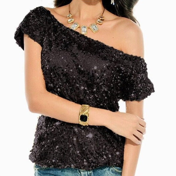 Trendy One Shoulder T-shirt met pailletten voor zomernachten -  GlamGlanz