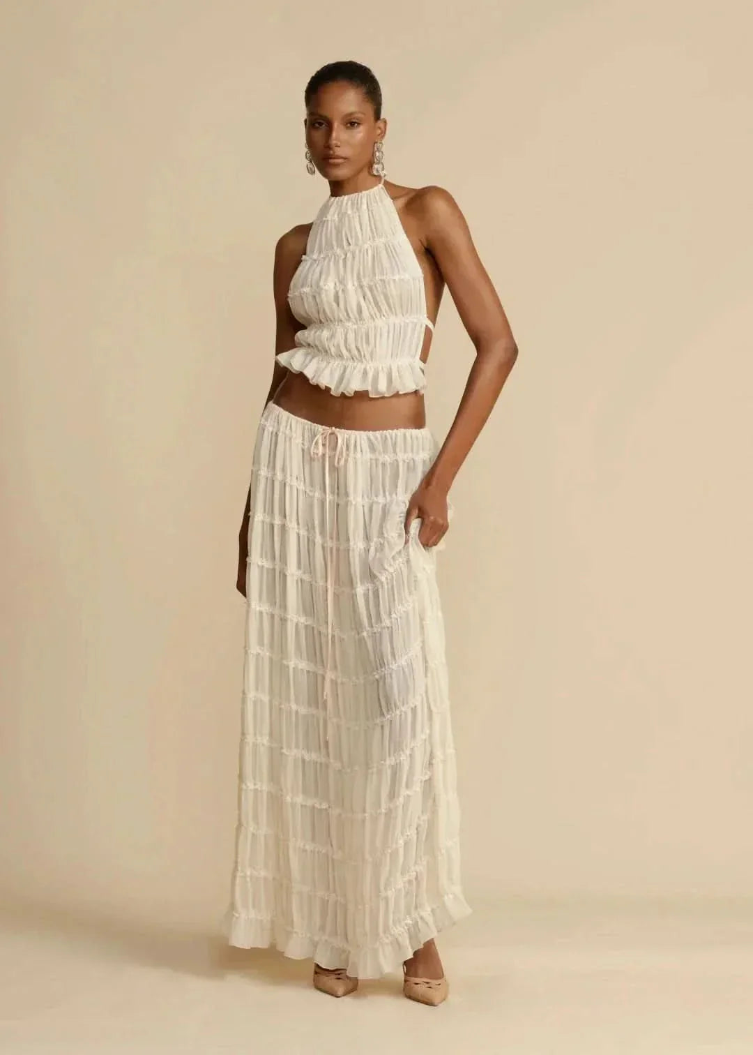 Tweedelige zomeroutfit voor dames met een Boho-rok en een schoudervrije top – Alina