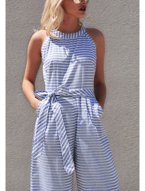 Gestreepte zomer jumpsuit voor dames met een wijde pijp en V-hals - Alina
