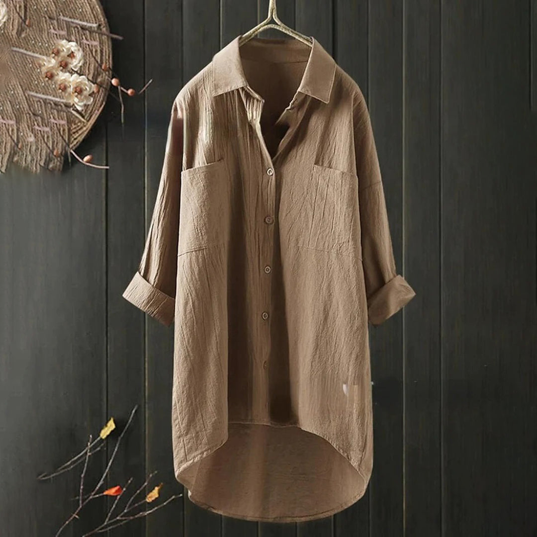 Luchtige Damesblouse met Lange Mouwen en Voorzakken – Selene