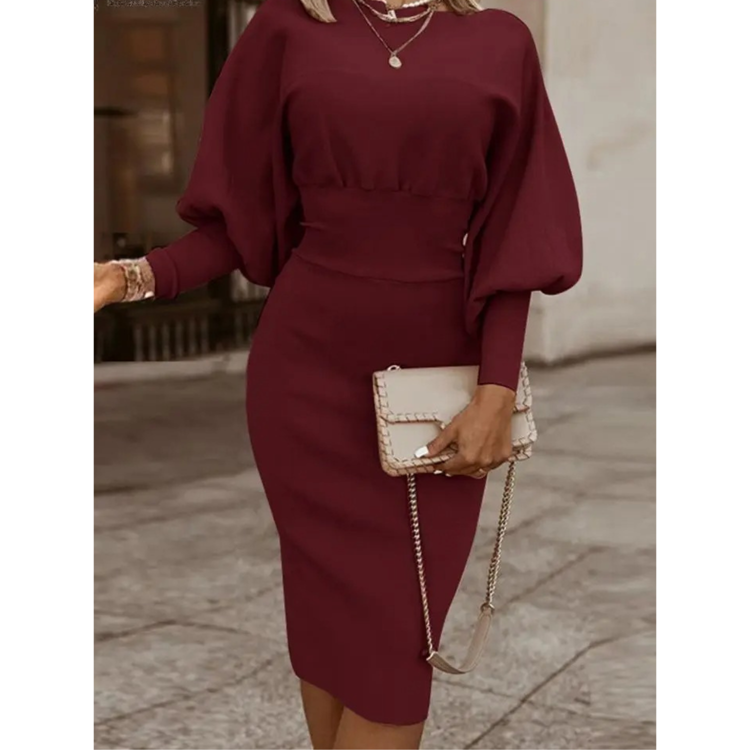 Effen Kleur Cocktailjurk met Lantaarnmouwen - Lena