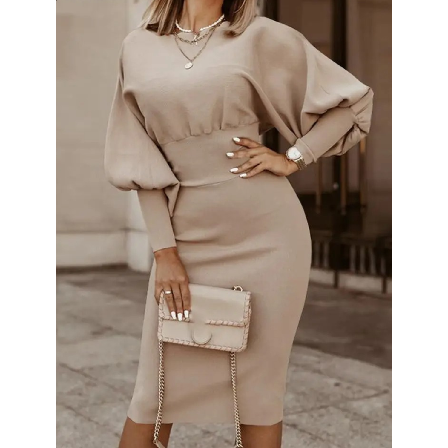 Effen Kleur Cocktailjurk met Lantaarnmouwen - Lena