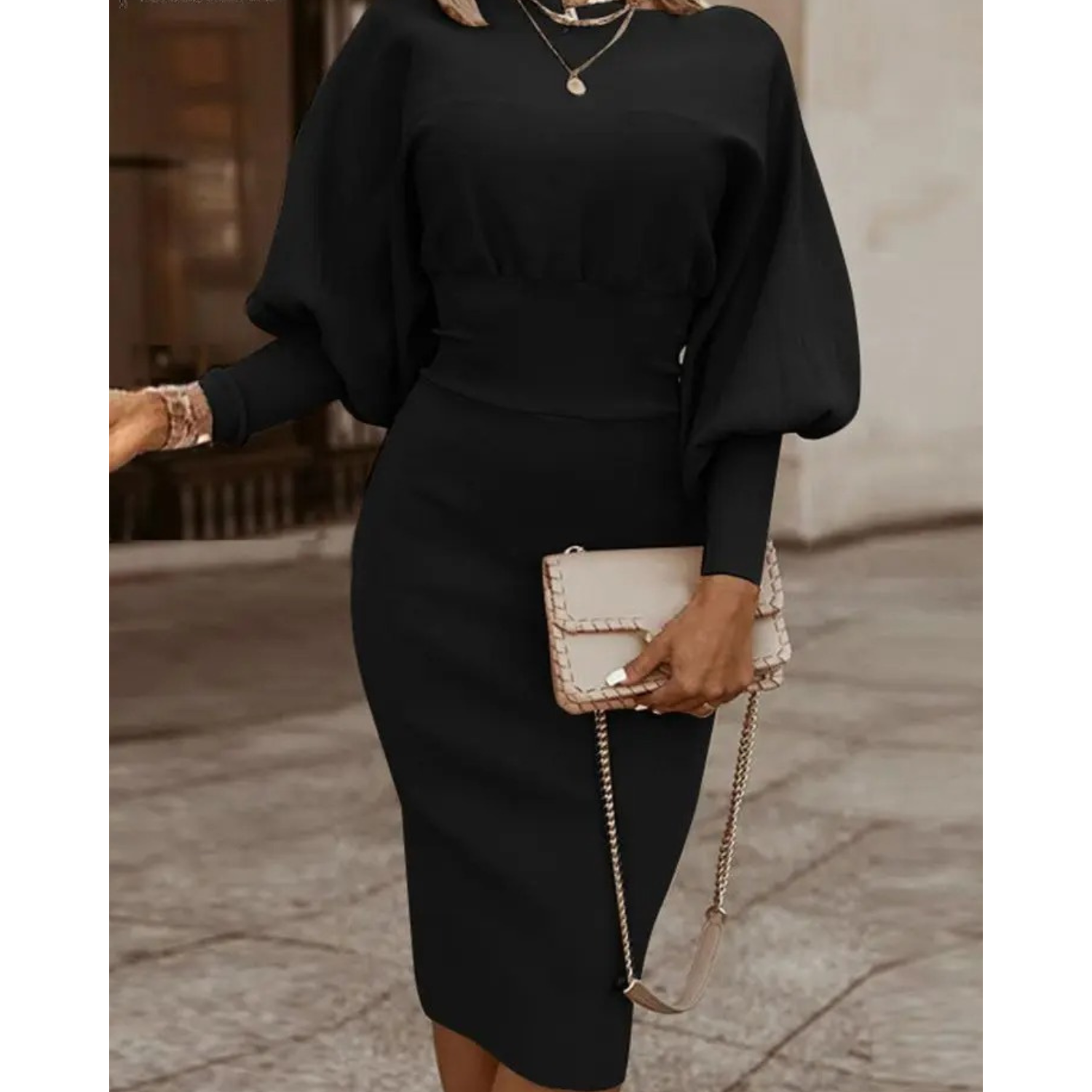 Effen Kleur Cocktailjurk met Lantaarnmouwen - Lena