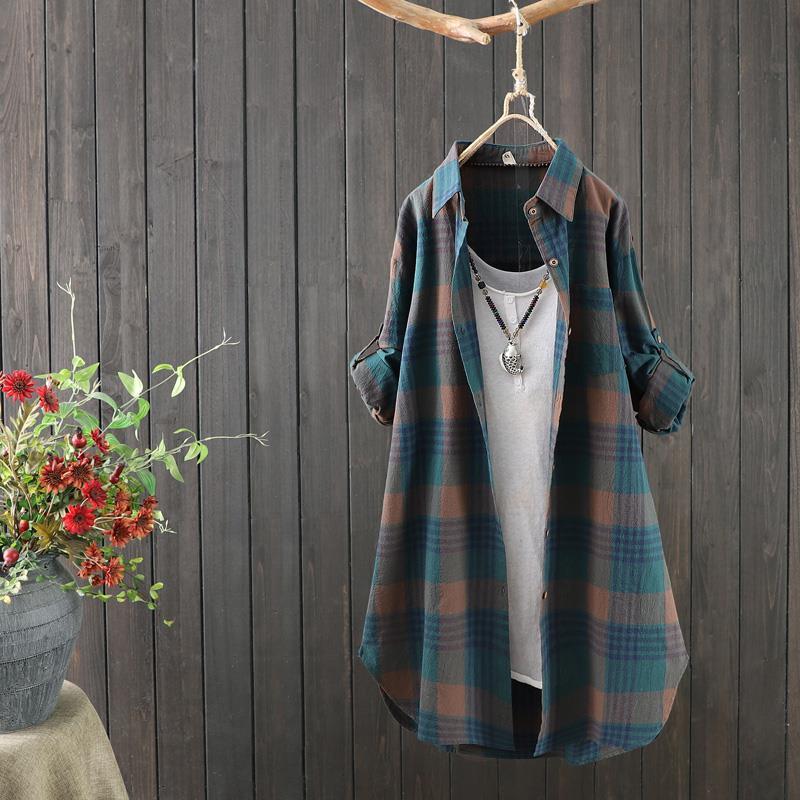 Geruite Lange Dames Blouse met Een Soepele Pasvorm – Rowen