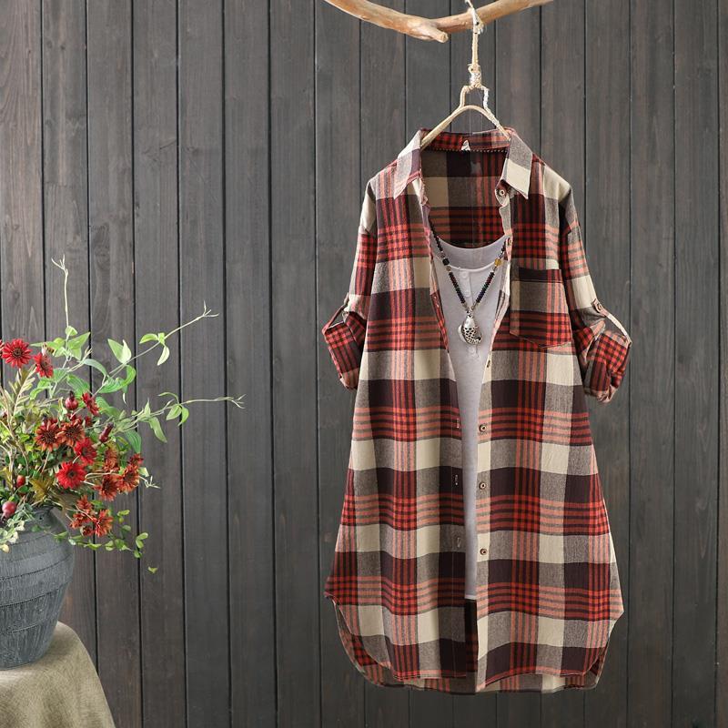 Geruite Lange Dames Blouse met Een Soepele Pasvorm – Rowen