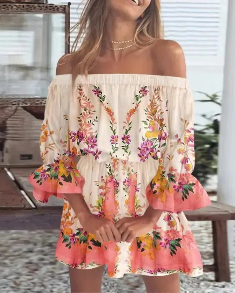 Trendy Boho mini jurkje met off-shoulder ontwerp en luchtige pasvorm - Ysa