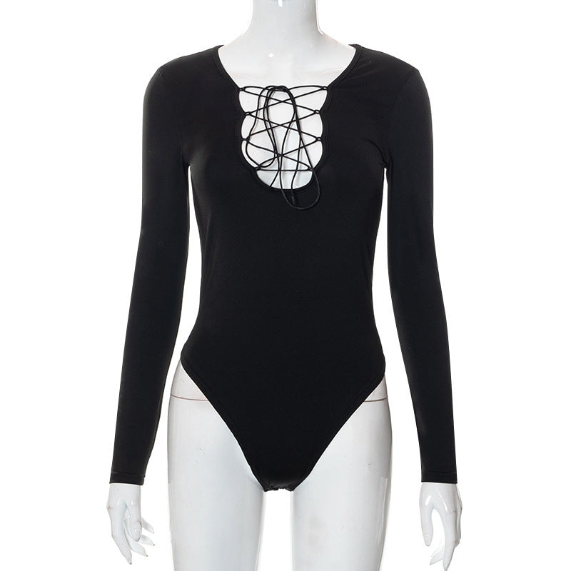 Trendy dames bodysuit met veters en diepe V-hals - Aveline