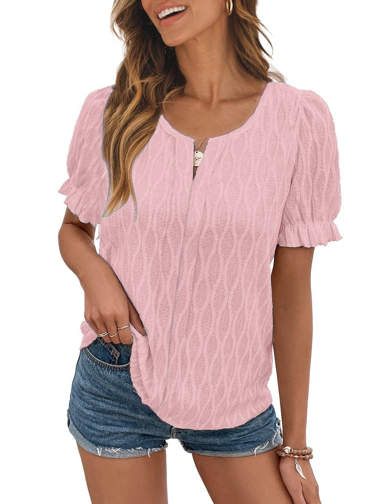 Luchtig & stijlvol dames pofmouwenshirt met kantaccent – Noemi