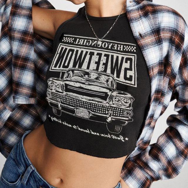 Trendy dames crop-top met autoprint en ronde hals – Maila