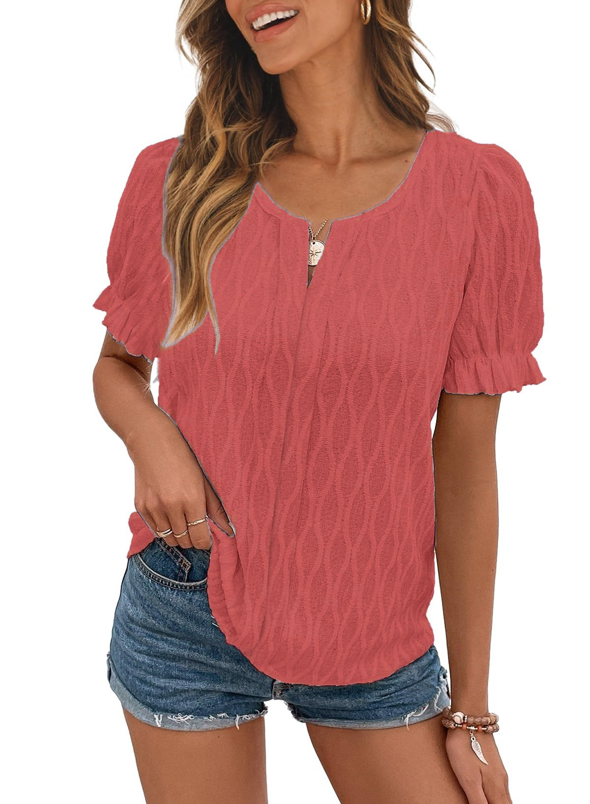Luchtig & stijlvol dames pofmouwenshirt met kantaccent – Noemi