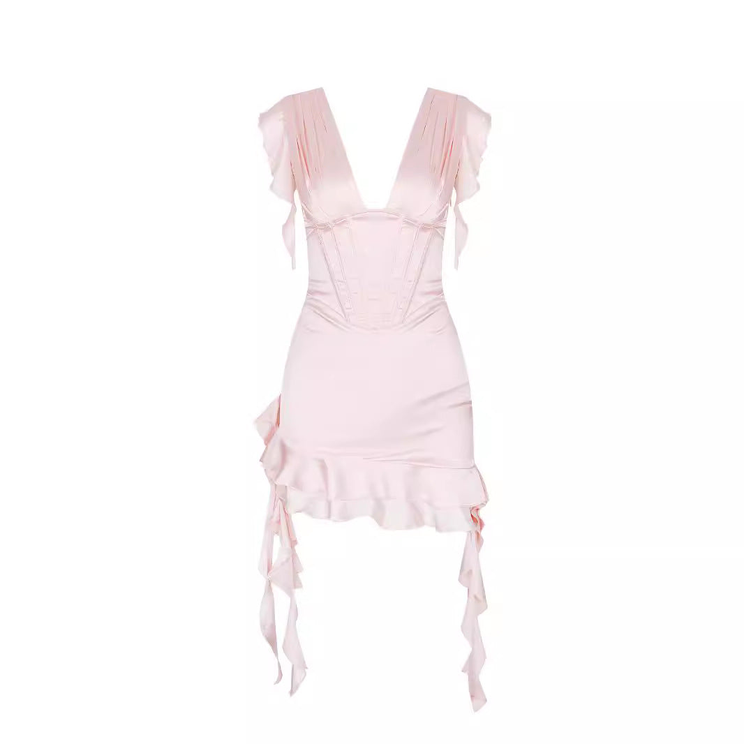 Asymmetrische ruches jurk met V-hals en figuuraccentuering – Elira