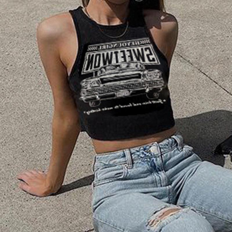 Trendy dames crop-top met autoprint en ronde hals – Maila