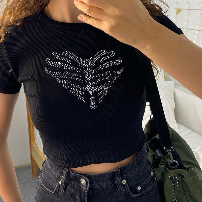 Trendy dames crop-top met strass-skeletpatroon - Yara